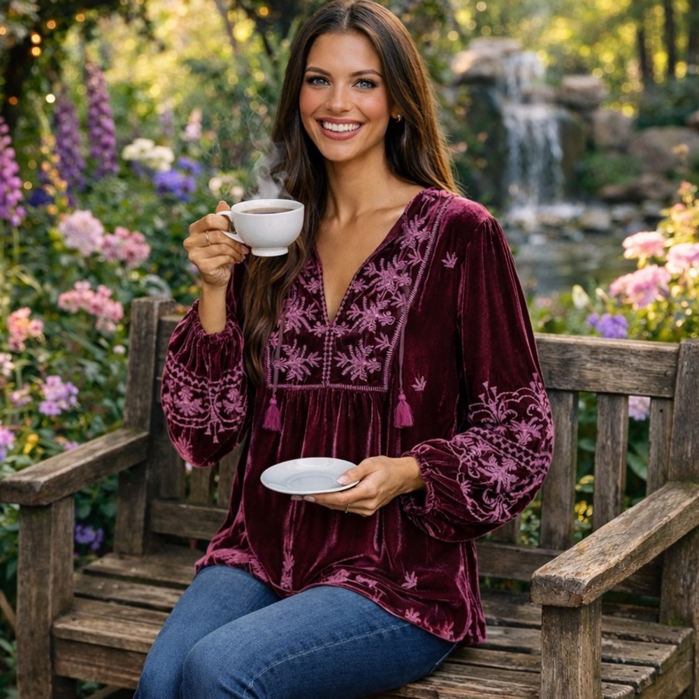 JOHNNY WAS heavily embroidered PALMIRA CURVED
HEM PRAIRIE BLOUSE NWT